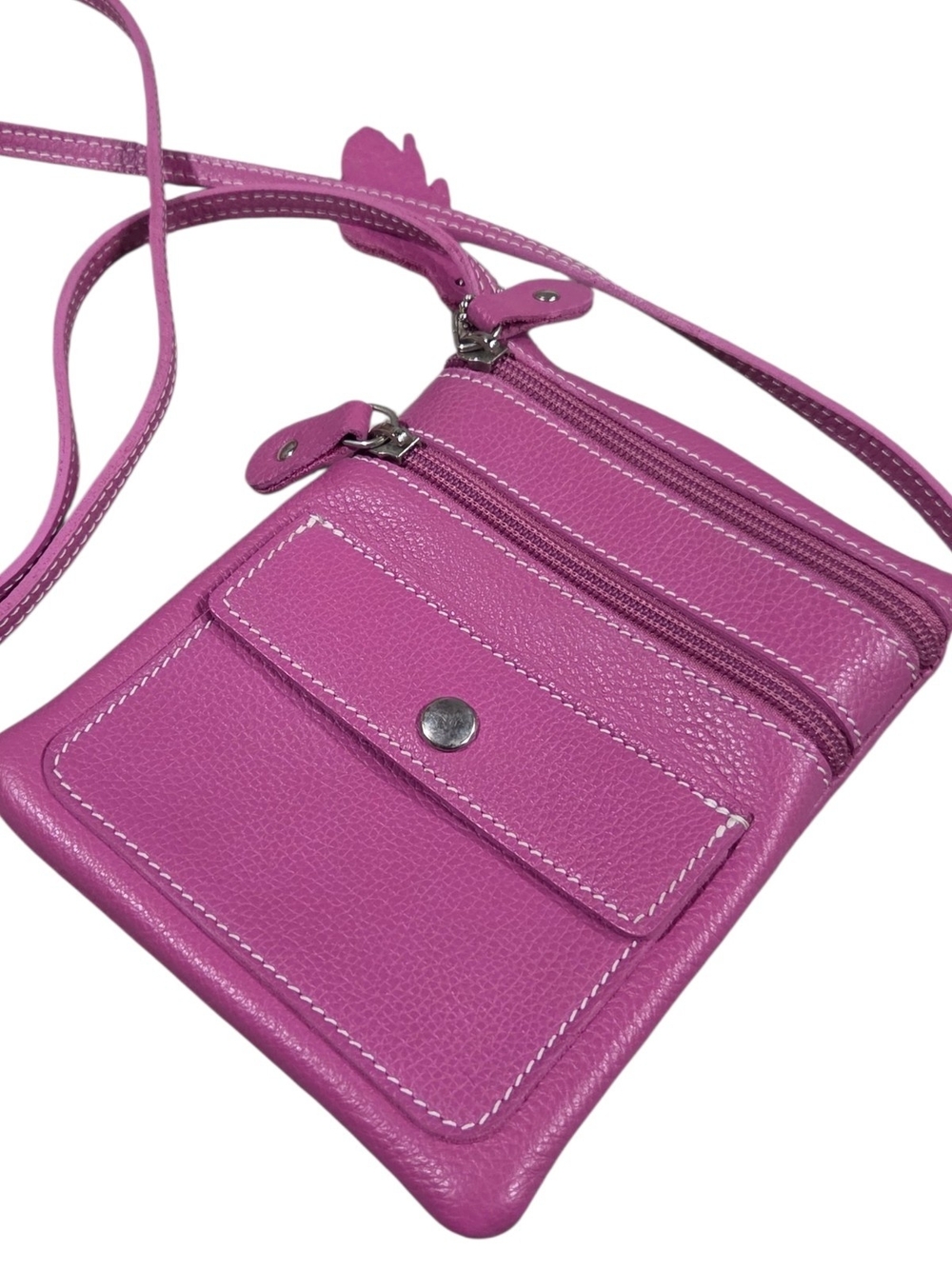 Roots Small Crossbody Bag in Bright Pink with White Stitching